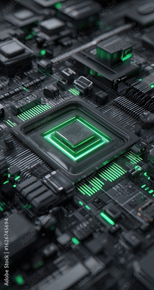 Poster close-up circuit board with central processor chip. bright green highlights on dark gray components.