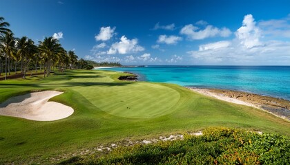 golf course stretches along a turquoise shoreline under a bright blue sky blending sport and scenic tropical beauty