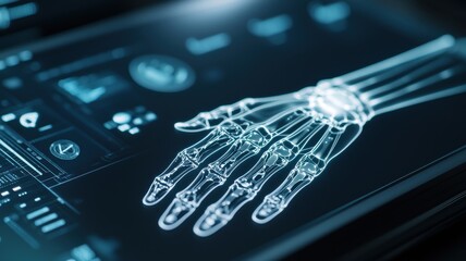 Engineer biomedical construction Concept. Futuristic robotic hand displayed on a digital interface with glowing elements.