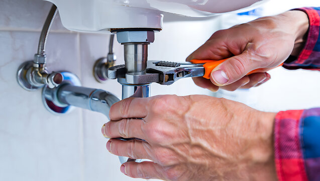 Plumber fixing sink pipes with wrench image
