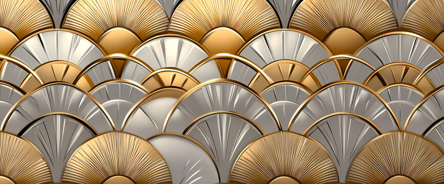 Luxurious Art Deco seamless pattern with shimmering gold and silver metallic fan shapes creating an elegant geometric background