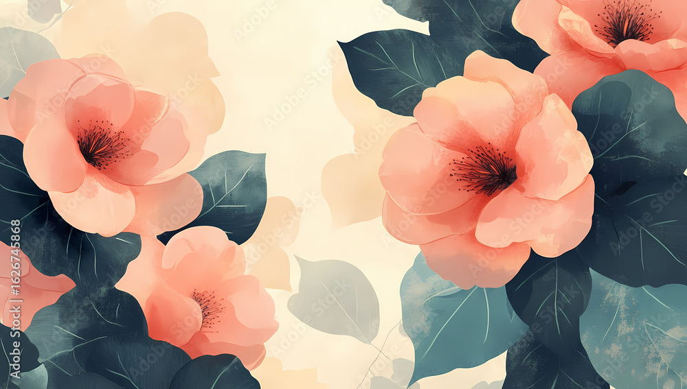 Poster elegant watercolor illustration featuring soft peach blossoms and serene green leaves, creating a de