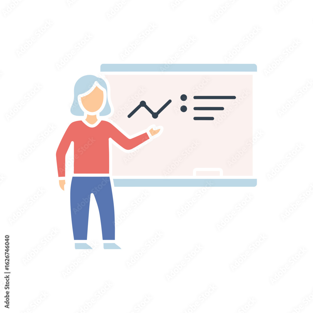 Aufkleber woman presenting data on a whiteboard with a graph and bullet points.