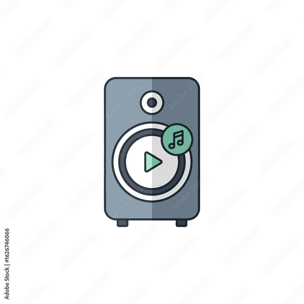 Poster speaker with play button icon and music note symbol on a white background.