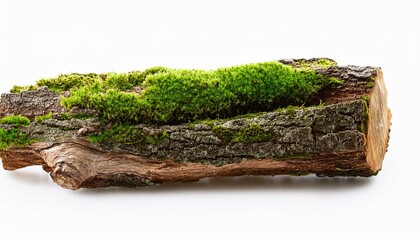tree trunk log with green moss isolated in white background cut out