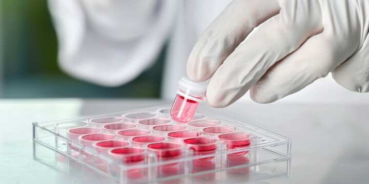 Engineer biomedical construction Concept. Laboratory technician handling test tubes with red liquid in a science setting.