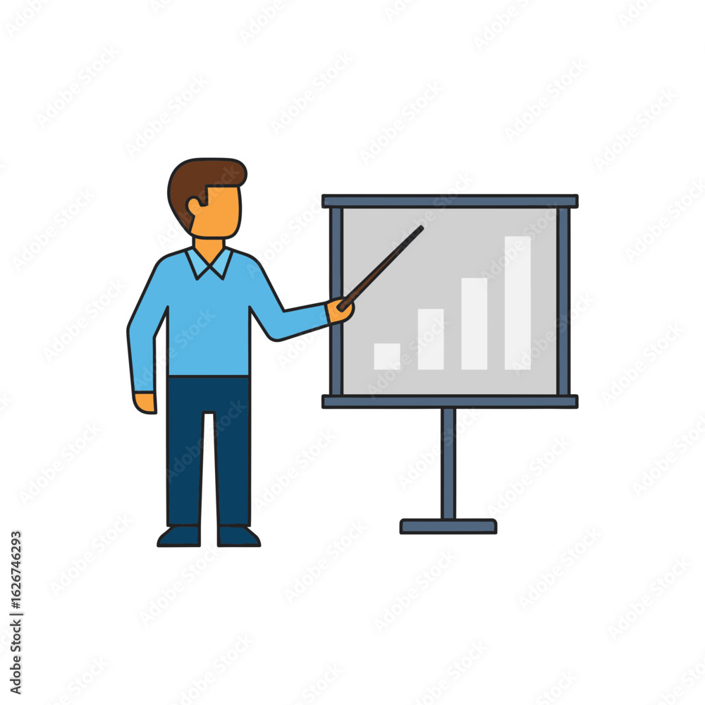 Poster cartoon man presenting graph on whiteboard with pointer in business setting.