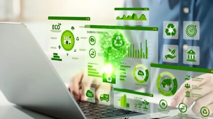 Eco-Friendly Digital Innovation: A close-up shot of a professional at their desk, hands busily typing on a sleek laptop.