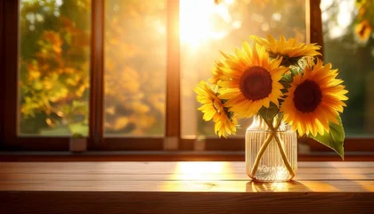 Papier peint photo Photos glass vase with vibrant sunflowers sits on a wooden table bathed in soft morning sunlight streaming through a bright window  © Diane