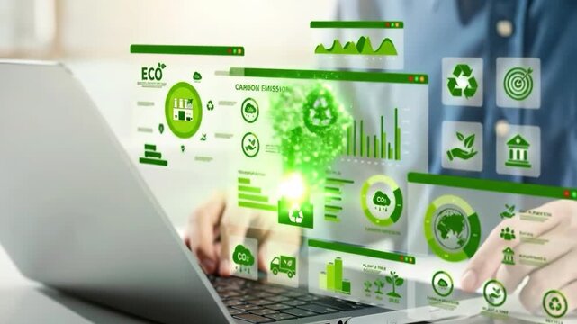 Eco-Friendly Digital Innovation: A close-up shot of a professional at their desk, hands busily typing on a sleek laptop.