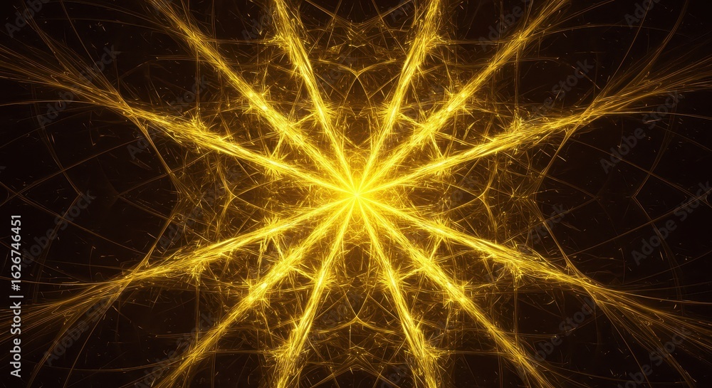 Poster golden luminous starburst effect emanating from a central point on dark background