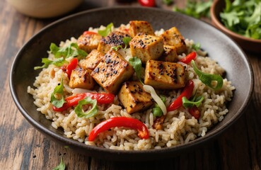 Delicious tempeh stir-fry with brown rice, vibrant red peppers served in dark bowl. Healthy vegan dish offers flavorful meal, perfect for dinner lunch. Garnished with fresh herbs, sesame seeds,