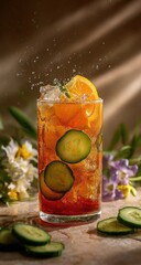 Fototapeta premium Sparkling iced drink with cucumber and orange slices