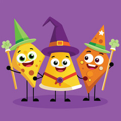 Cute Cartoon Cheese Slices in Witch Hats for Halloween
