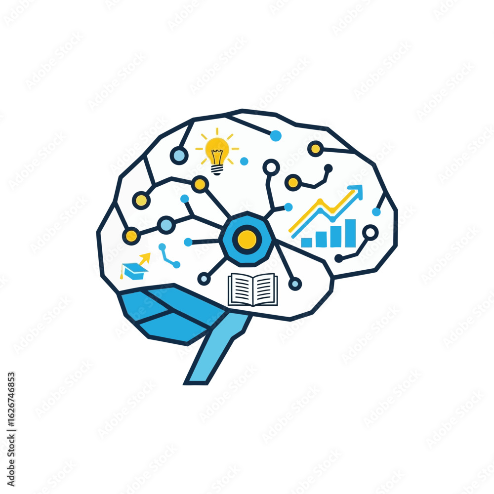 Poster stylized brain illustration with connected elements representing ideas and data analysis.