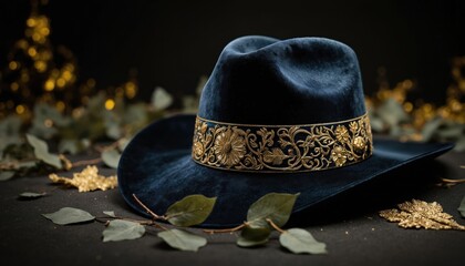 Elegant navy blue fedora hat detailed with decorative gold band featuring floral, scroll patterns. Sophisticated headwear accessory, crafted from felt, perfect for formal occasions as stylish vintage