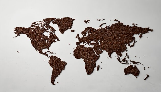 World map crafted from roasted coffee beans on clean grey background. Creative overhead flat lay continents, countries formed by brown beans, global coffee culture, morning energy, agriculture.
