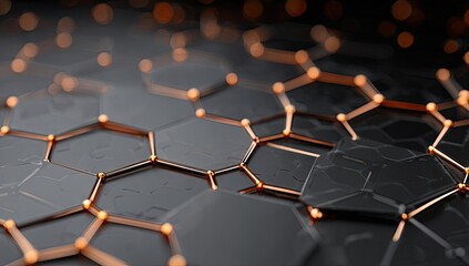 Abstract honeycomb pattern, dark gray hexagons, copper connectors