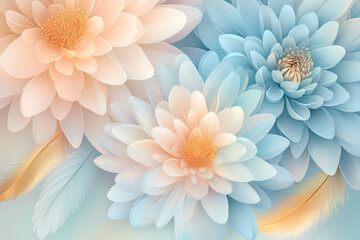 Elegant digital illustration of delicate pastel blue and peach chrysanthemums with soft feathers, creating a beautiful fantasy floral background