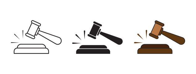 Fototapeta premium Gavel icon set. judge gavel icon vector. law icon vector. Judge hammer silhouette vector, court hammer icon set.vector illustration.