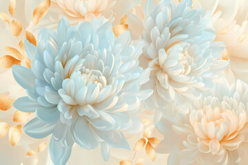 Artistic rendering of voluminous blue chrysanthemums accented with golden yellow leaves in a delicate, romantic composition