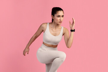 Sport Exercises And Healthy Lifestyle. Full Length Portrait Of Determined Slim Young Lady Running...