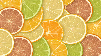 Obraz premium An abstract background design with overlapping translucent fruit slices of lemon, orange, and grapef