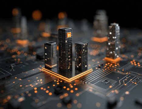Modern city skyscrapers sit atop a complex circuit board. High-tech, futuristic, urban