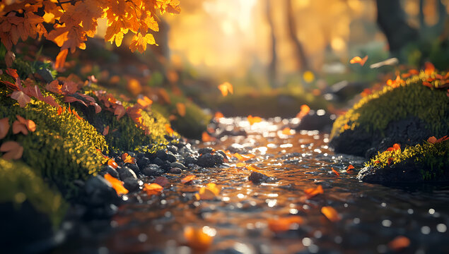 A serene autumn forest scene featuring a gentle stream, its banks covered in lush green moss and vibrant fallen leaves, bathed in the soft glow of golden hour light
