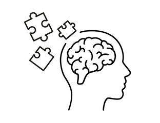 Human head with brain and puzzle pieces representing thinking, psychology, mental health symbol
