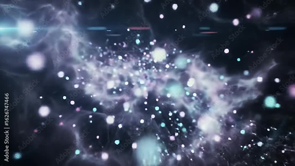 Poster dynamic cosmic nebula swirls with shimmering bokeh lights, a journey through deep space.