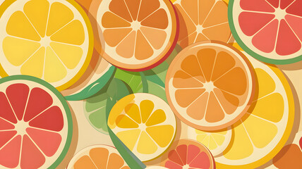An abstract background design with overlapping translucent fruit slices (lemon, orange, grapefruit) 
