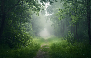 Obraz premium Serene Pathway Through a Lush, Misty Forest A Journey into Nature's Embrace