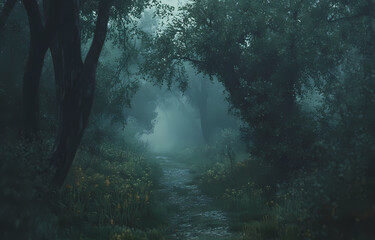 Misty Forest Path A Serene Walk Through a Moody, Foggy Woodland on a Rainy Day