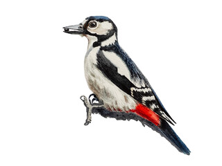 Obraz premium Step-by-step drawing of woodpecker bird with watercolor. Step three of four - final watercolor painting of bird. Woodpecker painting in watercolor. Side view of female great spotted woodpecker