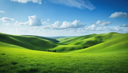 Obraz premium Rich green rolling hills under bright sunny sky with scattered white clouds. Vibrant landscape offers serene panorama of countryside, perfect for nature lovers, travel enthusiasts seeking peaceful