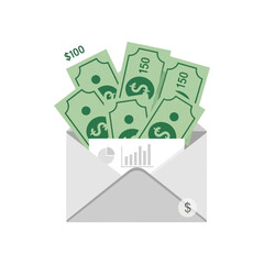 Obraz premium An open envelope filled with green money bills on a white background.