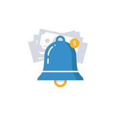 Blue bell icon with gold coin and blurred money background on white.