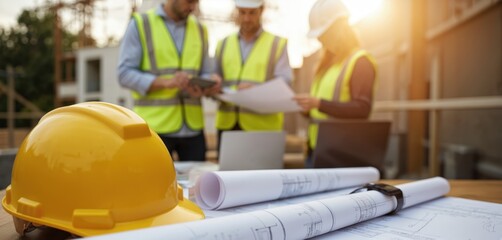 Yellow safety helmet rests on table displaying blueprints and laptop. Blurred engineers and architects in bright vests collaborate on new construction project, reviewing plans and using technology.