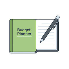 A green budget planner book with a pen on a white lined page.