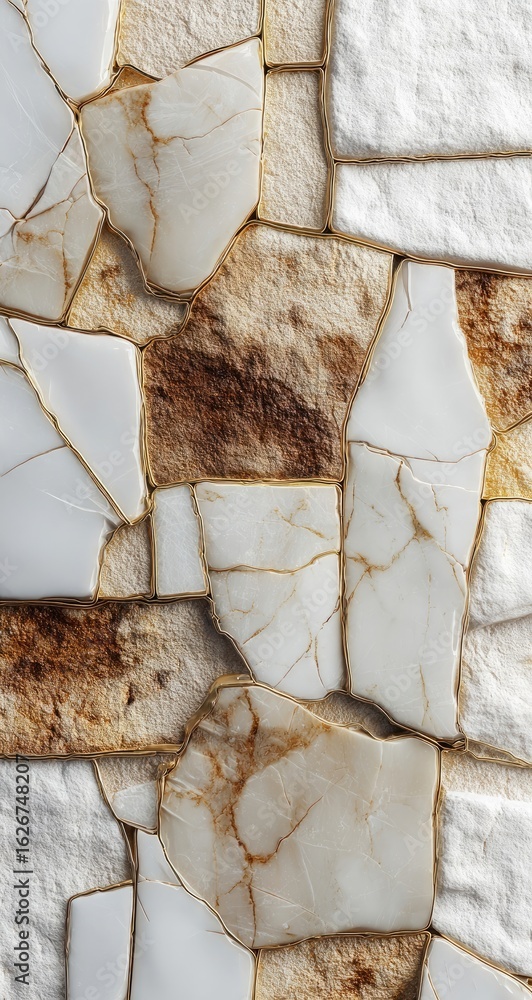 Poster close-up view of a mosaic wall. pieces of light beige and off-white stone, with hints of brown, are 