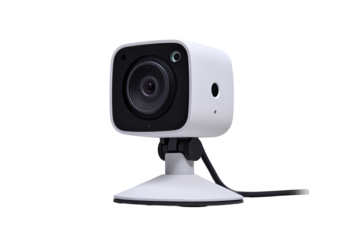 Small, square, white security camera with black accents on a stand.  Compact design, a lens, and a cable