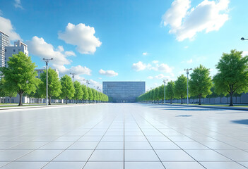 Obraz premium A wide modern city plaza extends towards distant buildings, framed by lush green trees and lamp posts under a clear blue sky.