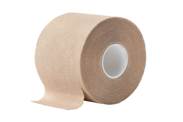 Rolled-up beige athletic tape.  A roll of light brown athletic tape, wound tightly around a white core.  A portion of the tape extends out from the roll.  Clean, studio shot