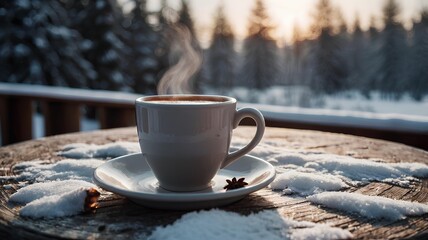Cup of hot beverages on a snow-covered table against a winter snowy forest landscape.