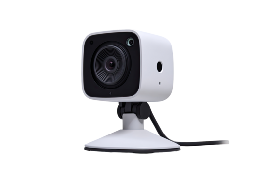 Small, square, white security camera with black accents on a stand.  Compact design, a lens, and a cable