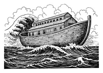 Empty Noahs Ark Sailing Through Gigantic Tsunami Waves Black and White Outline Line Art Drawing