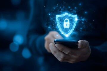 Digital shield with lock icon overlaid on a person's hands holding a smartphone. Concept of cybersecurity, data protection, and online safety.