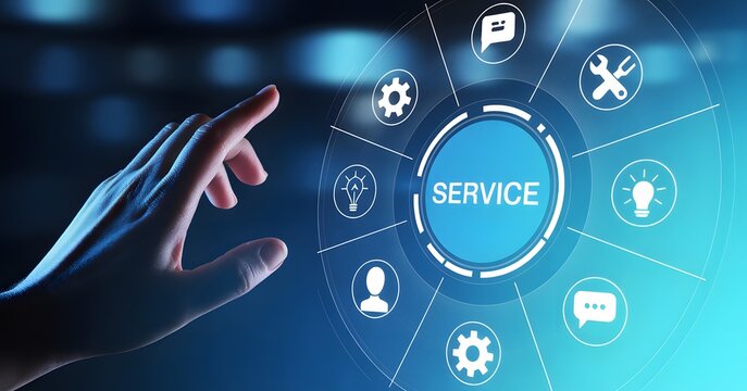 Digital Service at Fingertips: A modern person's hand interacting with a digital interface showcasing service, embodying technological convenience and support, emphasizing user experience.