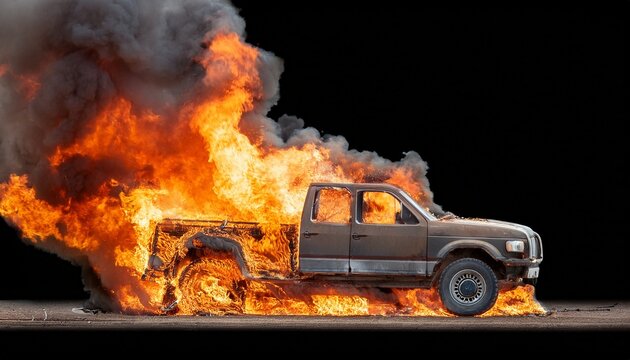 high resolution pickup truck engulfed in raging engine fire with extensive crash damage charred metal and billowing smokemtransparent cutout perfect for emergency response